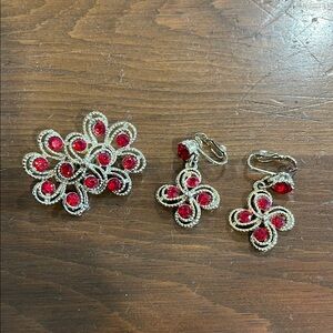 Vintage Elegant Red and Silver broach and clip earrings.